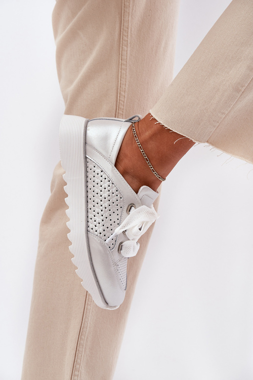 Women's Leather Sneakers On A Platform D&A LR51-796 Silver