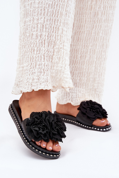 Women's Slippers With Fabric Flowers Black Elachase