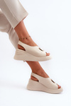 Leather Women's Wedge Sandals with Ornament Beige Salvania