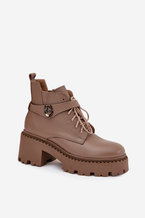 Damskie Botki Skóra Ozdobny Pasek Obcas Klocek Ocieplane Ciemnobeżowe Zazoo 60557