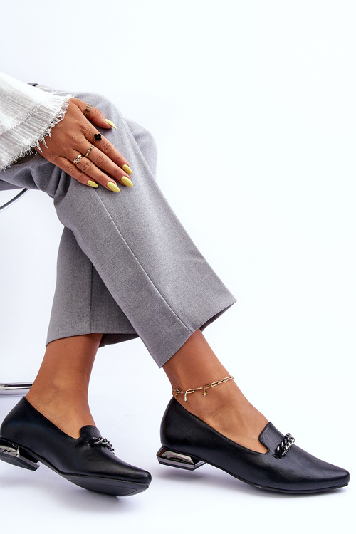 Leather Ballet Flats With Chain Flat Heel Black Lanez