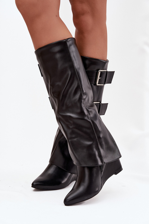 Women's Platform Boots with Turned Top and Silver Buckles Black Sarisse