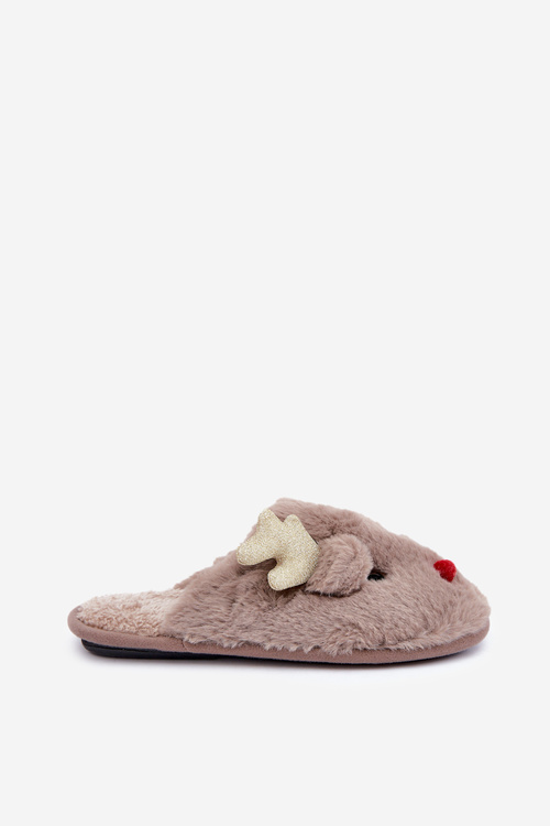 Christmas Slippers With Reindeer Design Furry Dark Beige Asielle