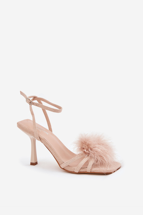 Women's Heeled Sandals With Feathers Beige Xaliope