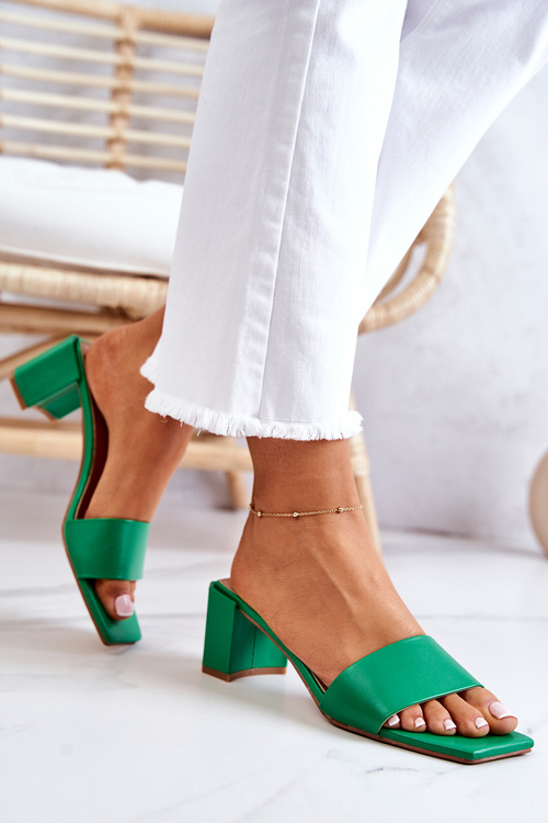 Leather Slippers On High Heel Green Netty