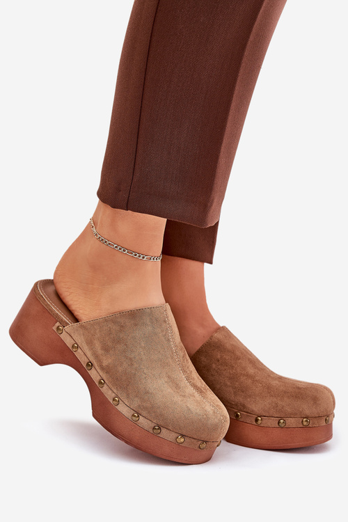 Women Slippers With Studs Eco Suede Camel Ellason