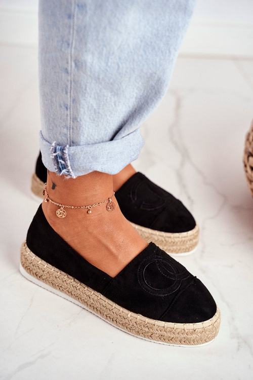 Espadryle Damskie Gruba Podeszwa Lniane Czarne Febi