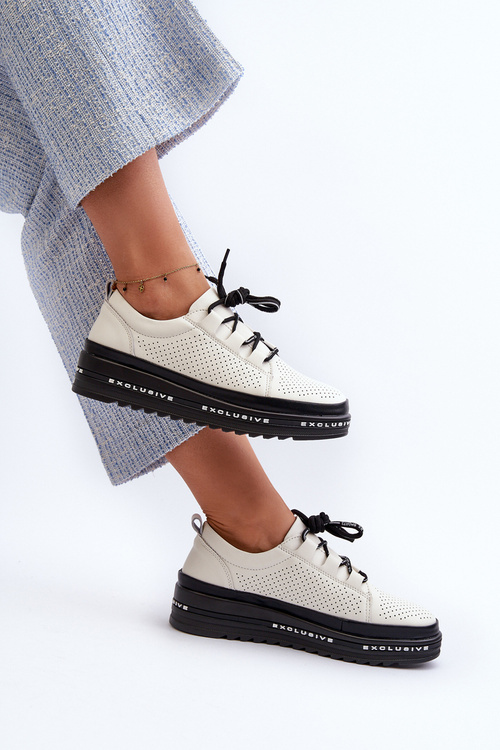 Półbuty Skórzane Na Platformie Damskie Beżowe S.Barski LR769A