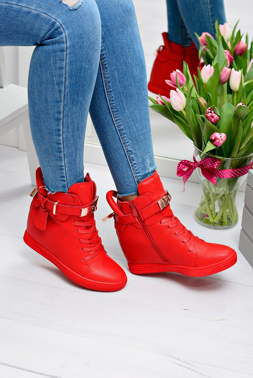 Women's Red Sneakers Gold Padlock Anchor Hudgens