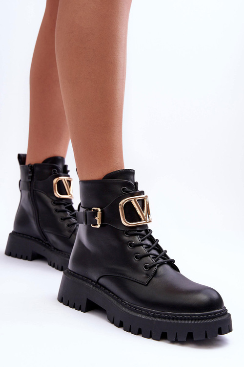 Stylish Lace-up Boots with Ornament Black Ollia