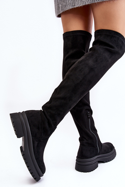 Women's Flat Heel Over-the-Knee Boots Black Silune