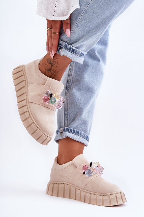 Buty Sportowe Półbuty Modne Wsuwane Ozdoba Beżowe Desire NB615