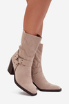 Ladies warm ankle boots on a heel with straps and a decorative detail beige Neria
