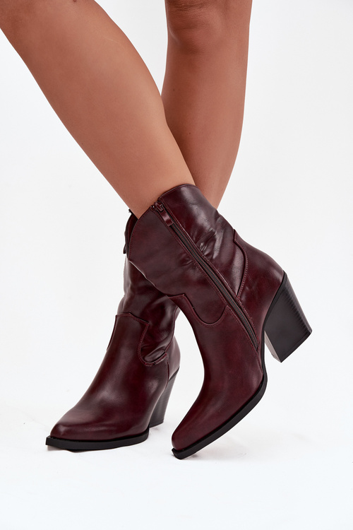 Damskie Botki Obcas Słupek Kowbojki Eko Skórzane Bordowe Sorelia