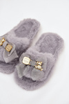 Furry Women's Slippers With Bow And Gold Embellishment Gray Nolara