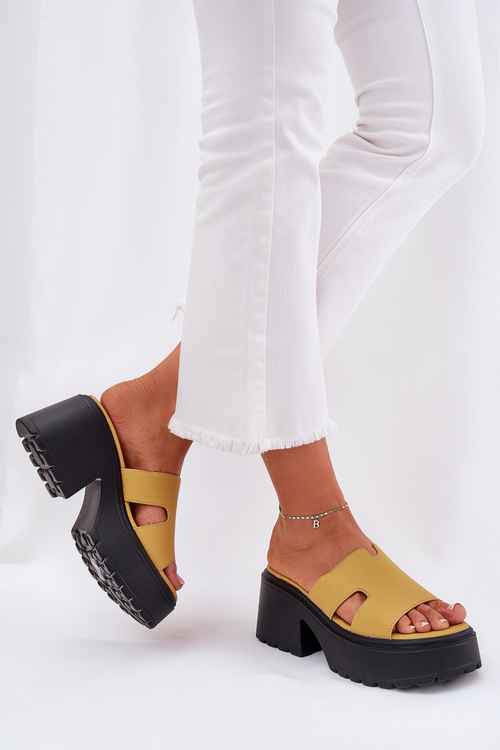 Ladies Platform Slippers With A Chunky Heel Yellow Rizana