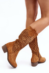 Women's Suede Cutout Boots with Low Heel in Camel Ndulu
