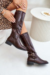 Women's Insulated Flat Heel Boots With Gold Buckle Brown Arsisna