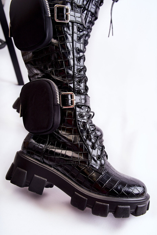 Ocieplane Kozaki Z Torebkami I Zwierzęcym Wzorem Czarne Military