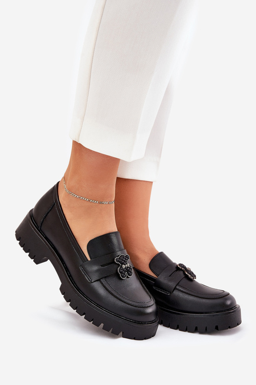 Women's Leather Moccasins With A Teddy Bear Vinceza 18109 Black