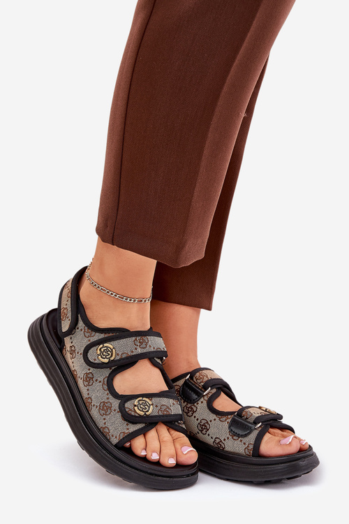 Ladies Patterned Fabric Sandals With Golden Details Beige-Black Pefese