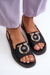 Elegant Women's Sandals with Gold Decoration on Flat Heel Black S.Barski KV27-053