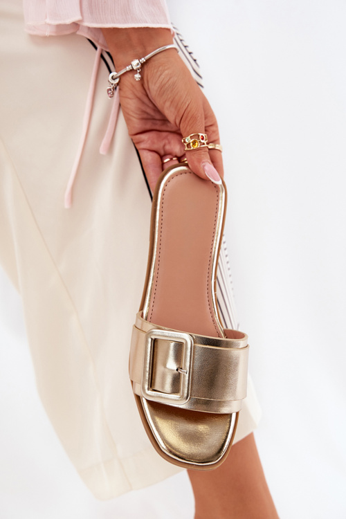 Eko Skórzane Klapki Damskie Płaskie Z Klamrą Złote Bamma