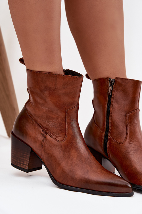 Damskie Botki Kowbojki Słupek Skóra Naturalna Ocieplane Brązowe Zazoo 60565