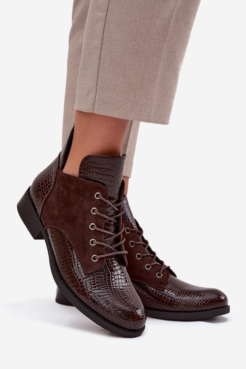 Patent Leather Women's Ankle Boots With Decorative Embossing Warm Vinceza 16477 Brown