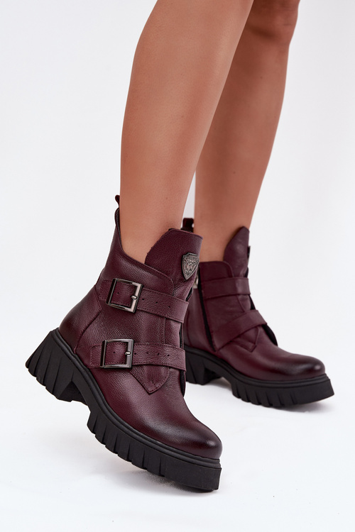 Leather insulated women's boots with buckles and decorative detail Zazoo 60482 Burgundy