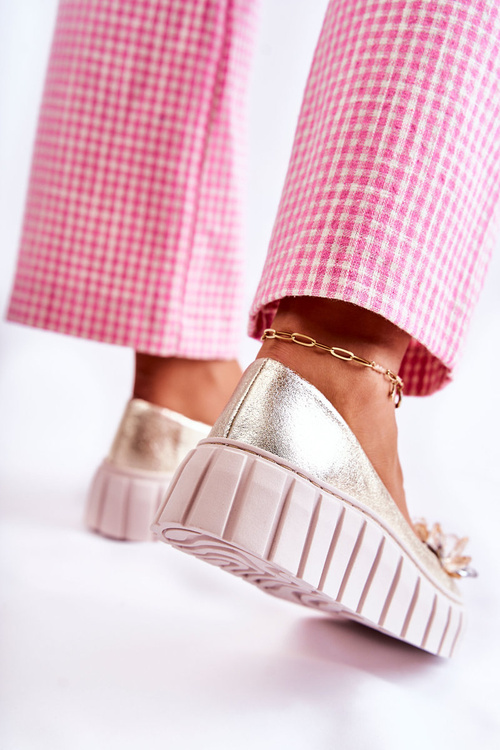 Baleriny Skórzane Platforma Ozdoba Złote Ladette