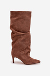 Wrinkled High Heel Boots Made of Eco Suede Lined Dark Beige Mavella