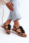 Women's Flat Sandals Adorned with Black Flowers Abidina