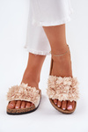 Women's Cork Sole Slippers With Decorative Flowers Beige Seleneza