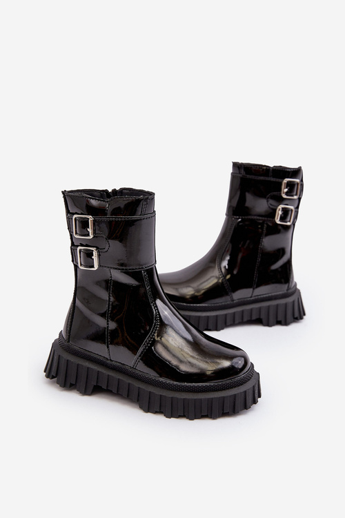 Children's Glossy Boots with Buckles Black Chloraia