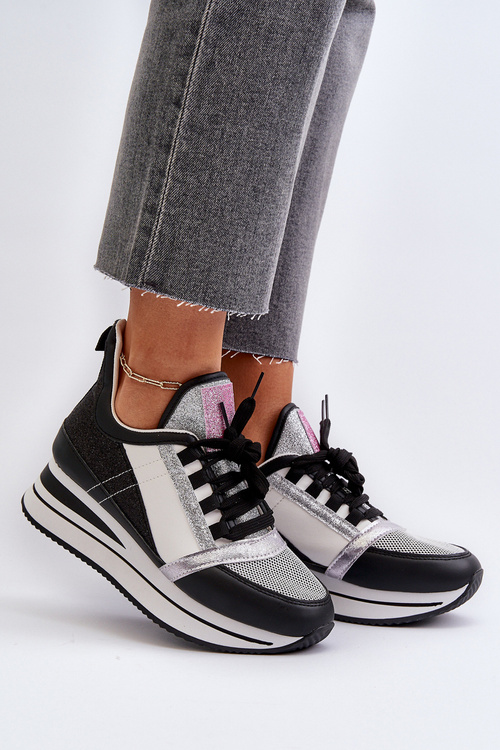 Sneakersy Damskie Platforma Koturn Brokat Rafani Czarne A-59