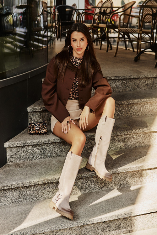 Women's Suede Knee High Boots Lewski 3615 Cappuccino