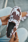 Damskie Mokasyny Loafersy W Łaty Płaskie Brązowo-Białe Soreline
