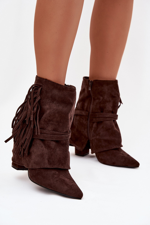 Women's heeled ankle boots with fringes and golden buckles chocolate Evelisse