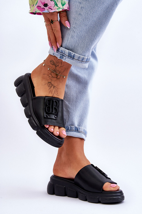 Women's Leather Platform Slippers With Decoration Black Monroe