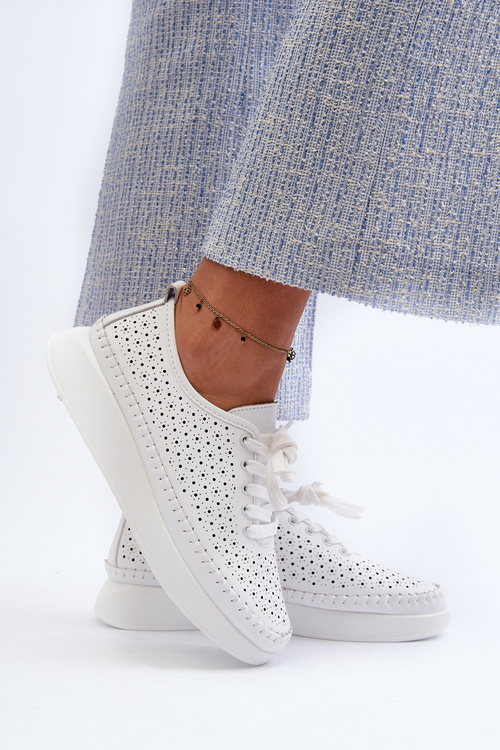 Sneakersy Damskie Skórzane Na Platformie Białe S.Barski LR278