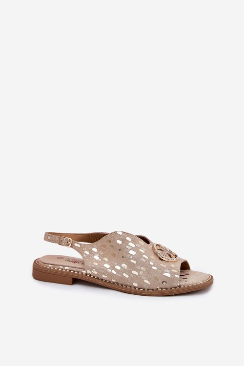 Damskie Sandały Skóra Naturalna Płaski Obcas Ozdoba Złote S.Barski KV51-094