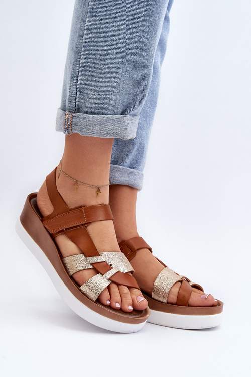 Sandały Skóra Naturalna Platforma Damskie Brązowe Zazoo 40397