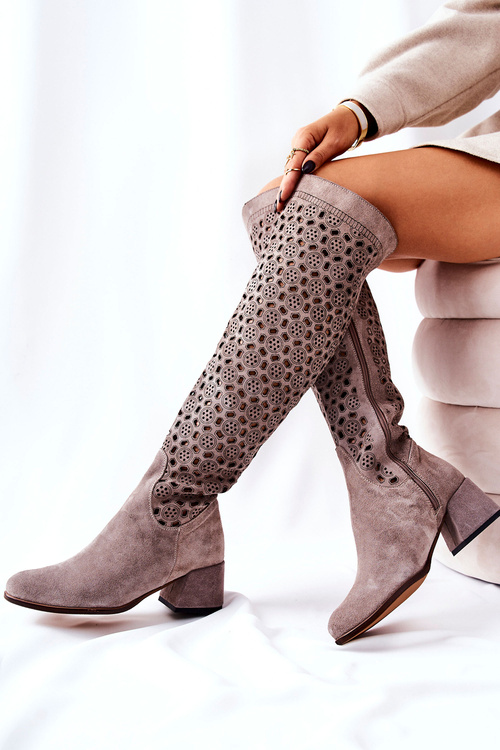 Openwork Suede High Boots Light brown Hekilea