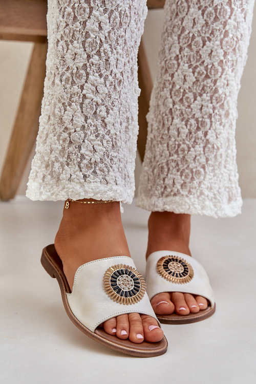 Damskie Klapki Skóra Naturalna Płaski Obcas Ozdoba Złoty Przecierany Lewski 3047/O