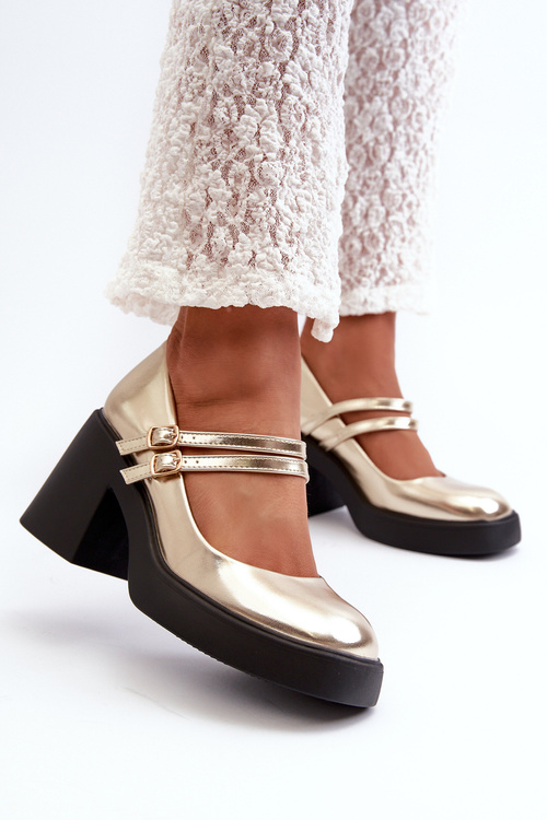Faux Leather Pumps on Chunky Heel Gold Halmina