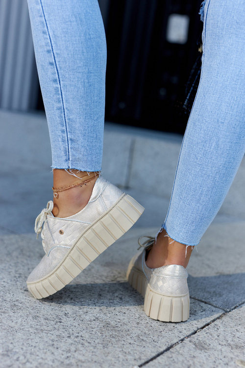 Półbuty Skórzane Masywna Platforma Beżowo-Złote Hypnosis