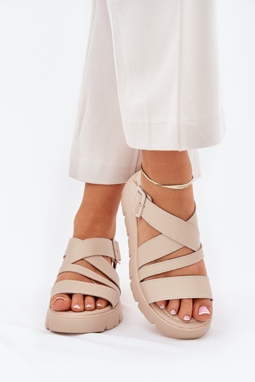 Women's Leather Platform Sandals With Buckle Beige Selianae