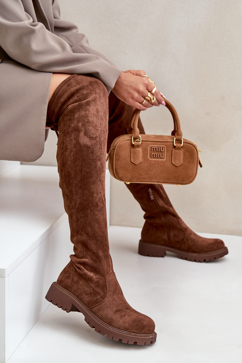 Knee High Boots With Flat Heel Made Of Eco Suede Brown Arkelia