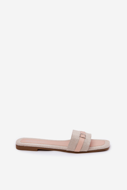 Klapki Damskie Płaskie Materiałowe Z Paskiem I Sprzączką Beżowe Zilina